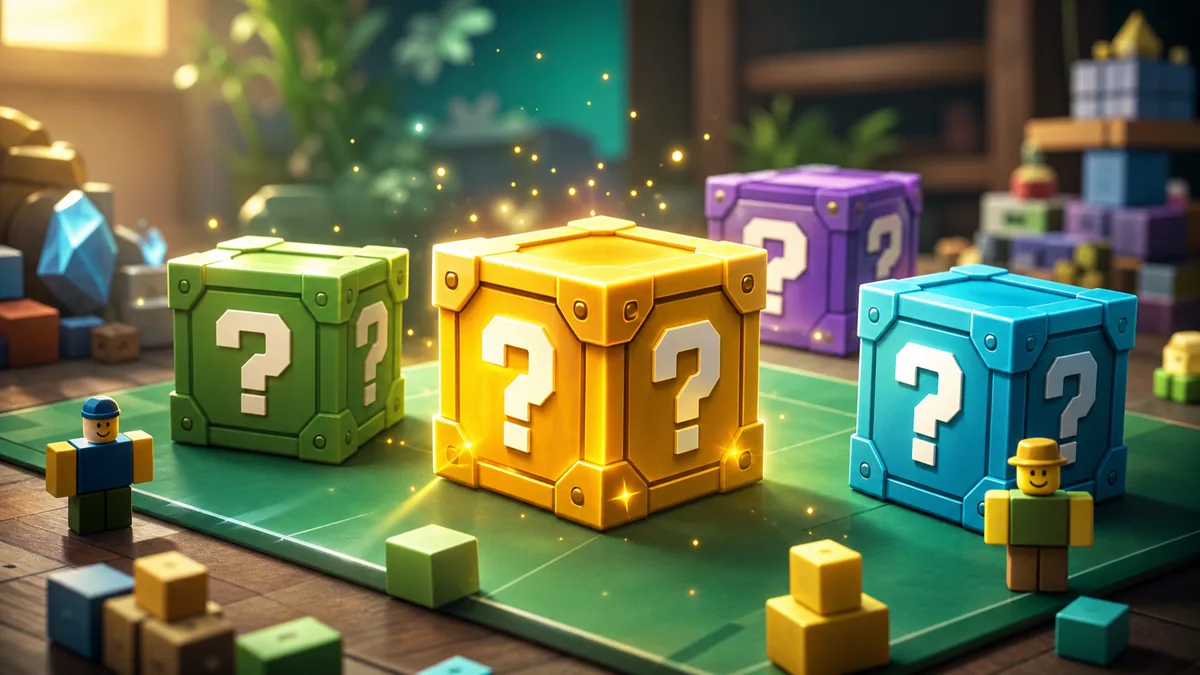 Editorial concept art of glowing Lucky Blocks for a Steal a Brainrot guide