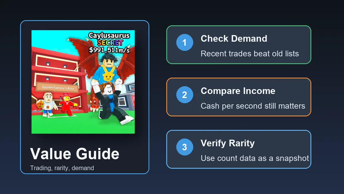 Steal a Brainrot values guide card showing demand, income, and rarity checks